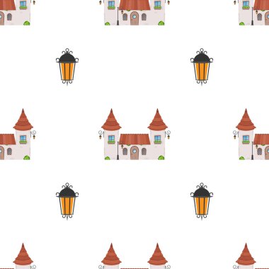 Kale ve kulelerle kusursuz bir düzen. Sonsuz özgeçmiş. Ambalaj kağıdı, kartpostallar ve kitaplar için iyidir. Çizgi film tarzı. Vektör illüstrasyonu.