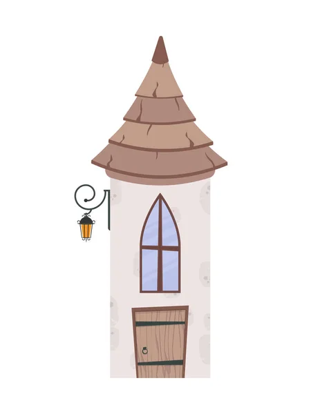 Здание Представляет Собой Башню Конической Крышей Окном Деревянной Дверью Карикатурный — стоковый вектор