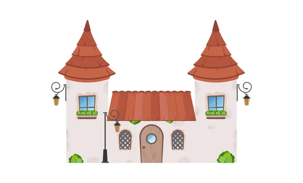 Tornyos Ház Kőépület Ablakokkal Ajtóval Tetővel Rajzfilm Stílus Játékok Képeslapok — Stock Vector