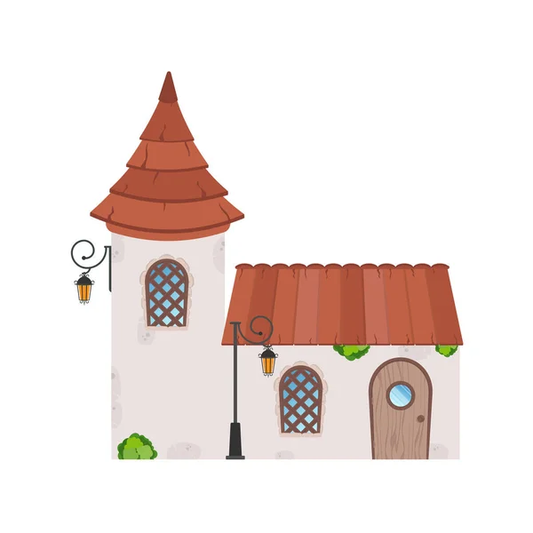 Rumah Dengan Menara Bangunan Batu Dengan Jendela Pintu Dan Atap - Stok Vektor
