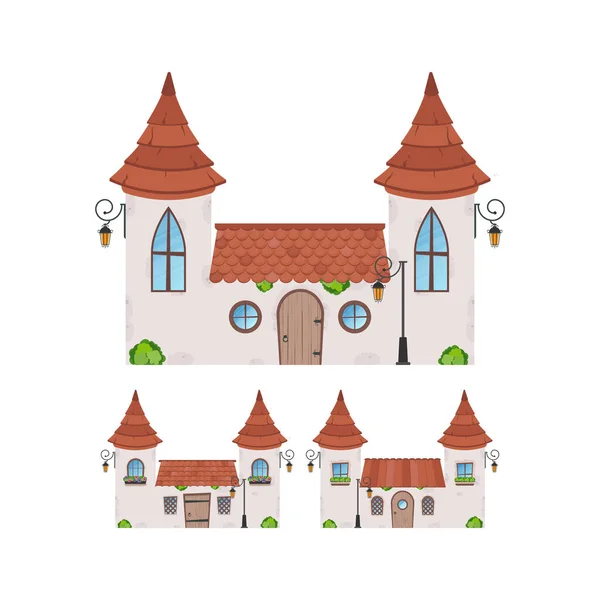 Набір Маленьких Казкових Будинків Кам Яна Будівля Вікнами Дверима Дахом — стоковий вектор
