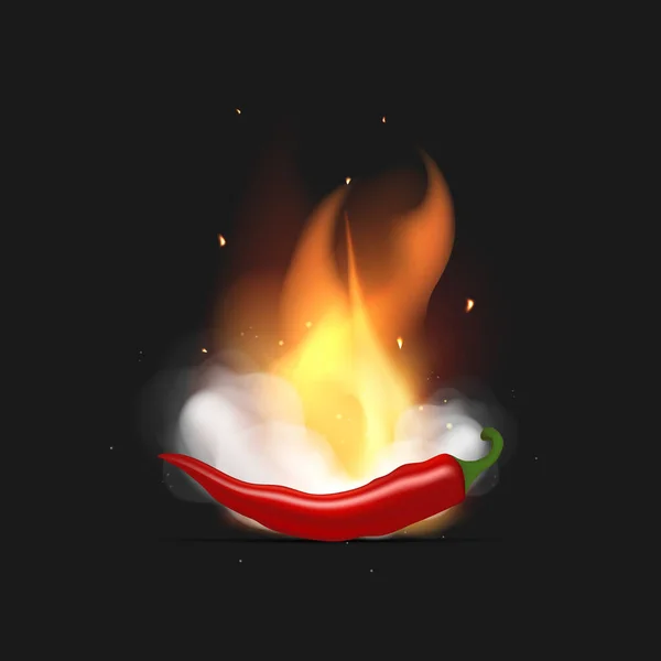 火と煙の上に赤唐辛子 チリペッパー煙と炎の白い雲 現実的なスタイル ベクターイラスト — ストックベクタ