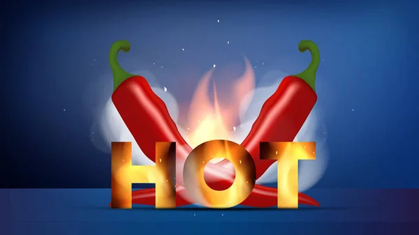 Inscription Hot Fire Smoke Dvě Červené Chilli Papričky Koncept Propagace — Stockový vektor