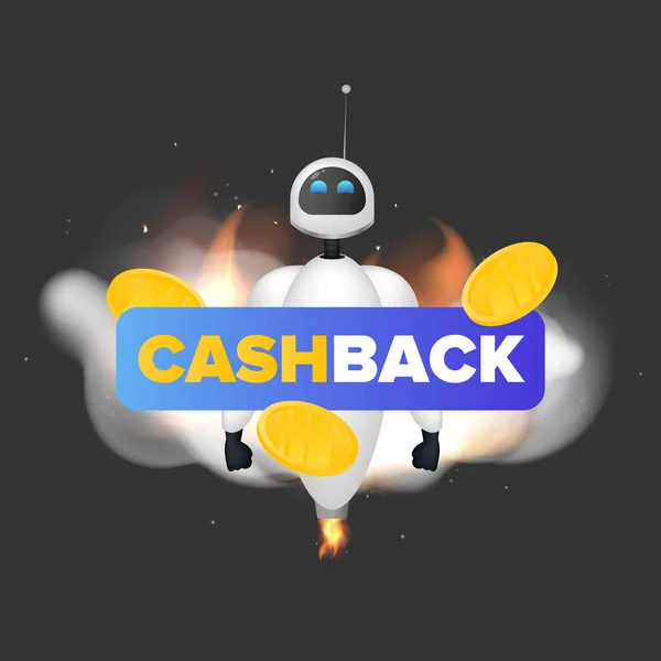 Robot Volador Blanco Monedas Oro Aire Concepto Cashback Estilo Realista — Archivo Imágenes Vectoriales