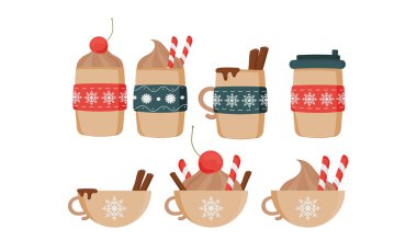 Tarçınlı, kirazlı ve şekerli bardaklarda sıcak içecekler. Düz stil. Vektör illüstrasyonu.
