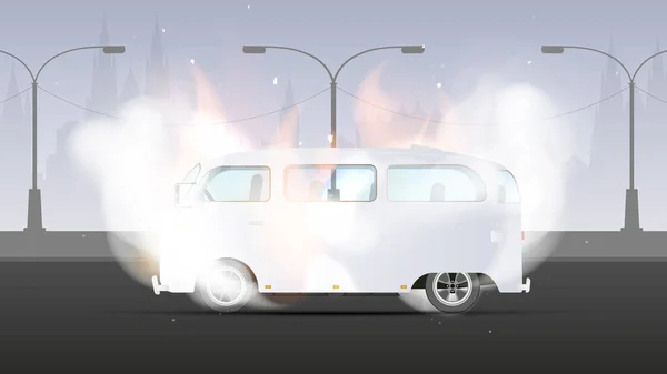 Autobús Blanco Llamas Humo Autobús Está Llamas Ilustración Vectorial — Archivo Imágenes Vectoriales