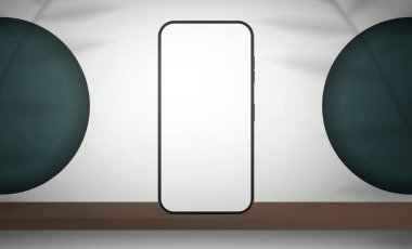 Beyaz ekranlı telefon. Yuvarlak daireli yeşil delikleri olan beyaz stüdyo. Gölgeli ve raflı stüdyo arka plan boşluğu. Vektör. Gerçekçi stil.