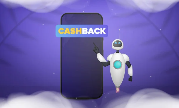 Banner Cashback Bílý Létající Robot Pozadí Telefonu Zlaté Mince Fialové — Stockový vektor