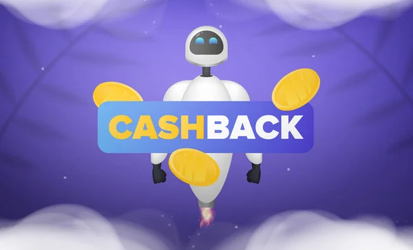 Banner Cashback Bílý Robot Vzlétl Fialové Studio Kouřem Studio Pozadí — Stockový vektor