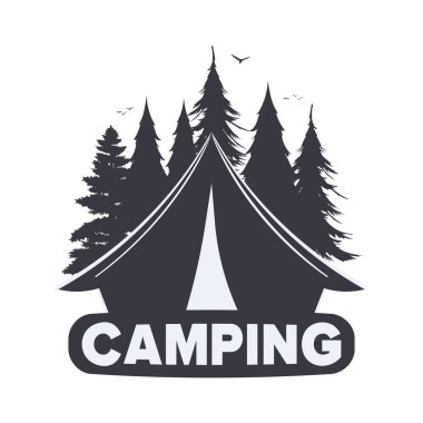 Kamp logosu, çadır ve orman silueti. İzole edilmiş. Vektör.