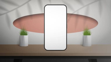 Beyaz ekranlı bir telefon ahşap bir masanın üzerinde duruyor. Şık tasarımı olan beyaz bir oda. Reklamınız için pankart hazır. Vektör çizimi. Gerçekçi stil.