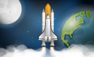 Bir roket ya da mekik uzayda uzayın arka planına, Dünya 'ya ve Ay' a karşı uçuyor. Uzay gemisi, roket, ay ve uzaydaki yıldızlarla dolu şirin bir şablon. Vektör illüstrasyonu.