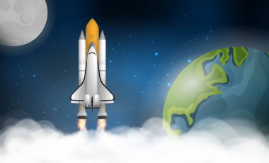 Bir roket ya da mekik uzayda uzayın arka planına, Dünya 'ya ve Ay' a karşı uçuyor. Uzay gemisi, roket, ay ve uzaydaki yıldızlarla dolu şirin bir şablon. Vektör