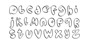 Serbest karalama tarzı yazı tipi. Yuvarlak harfli alfabe. Kartpostallar, posterler, menü tasarımları ya da çocuk kitapları için iyidir. Vektör illüstrasyonu.