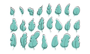 Geniş bir set şık yaprak, elle çizilmiş, dış hatlarıyla birlikte. Doodle tarzı. Kartpostalların, kitapların, menülerin ya da reklamların tasarımı için elementler. Beyaz arka planda izole edilmiş. Vektör illüstrasyonu.