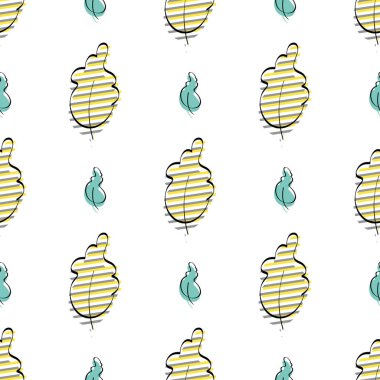 Yapraklı kusursuz desen. Elle çizilmiş. Menüler, tekstil ambalaj kağıtları ve kartpostallar için iyidir. Düz stil. Vektör şablonu.