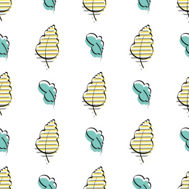 Yapraklı kusursuz desen. Elle çizilmiş. Menüler, tekstil ambalaj kağıtları ve kartpostallar için iyidir. Düz stil. Vektör şablonu.