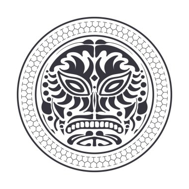 Polinezya tarzında yuvarlak dövme maskesi. Maya kabilesinin siyah beyaz dövmesi. İzole edilmiş. Vektör illüstrasyonu.