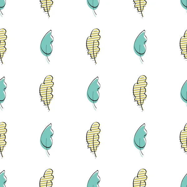 Yeşil yapraklı kusursuz desen. Zarif ve zarif tekstil, ambalaj kağıdı maketi. Elle çizilmiş stil. Vektör illüstrasyonu.