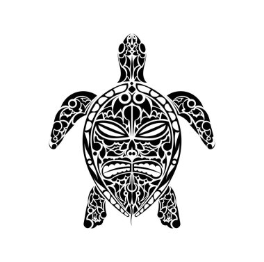 Kabile Polinezya kaplumbağa deseni. Kabuğunda bir maske olan kaplumbağa, Maori ve Polinezya kültürünün bir örneği. İzole edilmiş. Vektör.