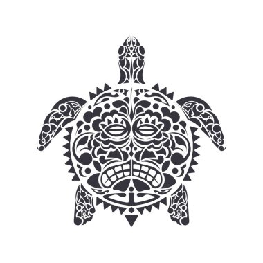 Kabile Polinezyası dövmeli kaplumbağa. Kabuklu kaplumbağa maskesi. Maori ve Polinezya kültür modeli. İzole edilmiş. Vektör illüstrasyonu.