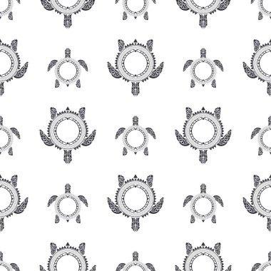 Kusursuz desenli, Maori deniz kaplumbağaları desenli. Polinezya kabilesi modeli. Kusursuz vektör arkaplanı.