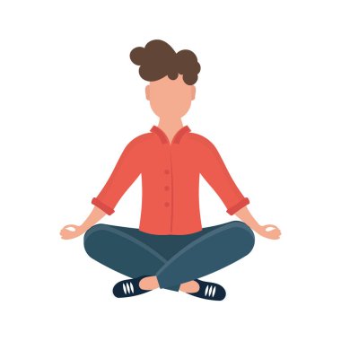 Yoga pozu veren genç adam meditasyon yapıyor, farkındalık pratiği yapıyor, ruhsal disiplin uyguluyor. Adam bağdaş kurup yerde oturuyor ve meditasyon yapıyor. İzole edilmiş. Düz çizgi film tarzı. Vektör illüstrasyonu.