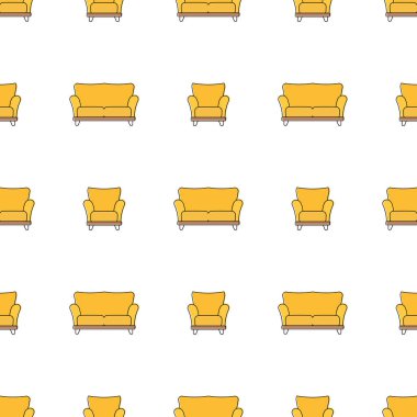Sarı koltuk ve kanepe ile kusursuz desen. Çiçek saksıları ve üçgenleri olan minimalizm. Çizgi çalışması. Vektör illüstrasyonu
