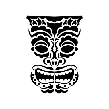 Totem Hawaii kabilelerinin yüzüdür. Polinezya ya da Maori tarzında bir yüz. Kadim kabilelerin kulakları. Parmak izleri, dövmeler ve tişörtler için iyi. İzole edilmiş. Vektör illüstrasyonu.