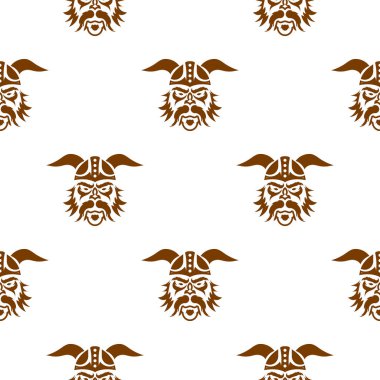Kafasında Viking deseni olan kusursuz bir model. Geçmişe, tekstil ürünlerine, kahverengi kağıtlara ve kartpostallara iyi gelir. Vektör illüstrasyonu.