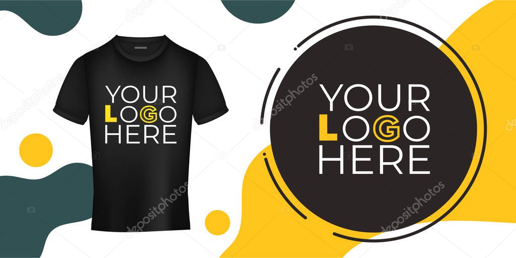 Template for design and presentation of a logo or print on a black t-shirt. Your logo on the T-shirt banner. Vector illustration.
