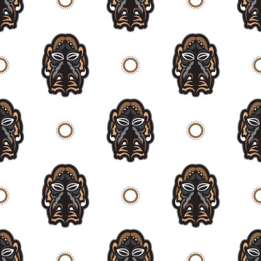 Beyaz arka planda tiki maskesi olan kusursuz bir desen. Parmak izi için iyi. İzole edilmiş. Vektör illüstrasyonu.