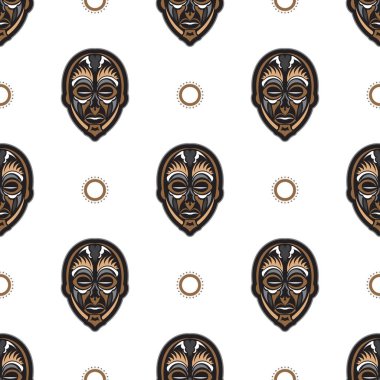 Beyaz arka planda tiki maskesi olan kusursuz bir desen. Tişört izleri, bardaklar, telefon kılıfları için iyi. İzole edilmiş. Vektör illüstrasyonu.