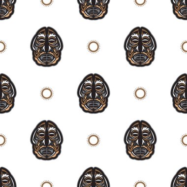 Polinezya tarzında tiki maskeli kusursuz desen. Tişört izleri, bardaklar, telefon kılıfları için iyi. İzole edilmiş. Vektör illüstrasyonu.