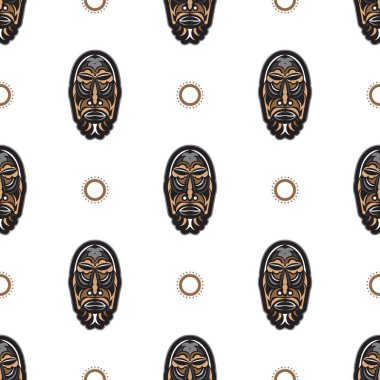 Polinezya tarzında tiki maskeli kusursuz desen. Tişört izleri, bardaklar, telefon kılıfları için iyi. İzole edilmiş. Vektör illüstrasyonu.