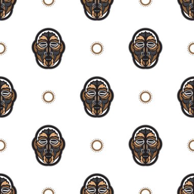 Hawaii tarzı tiki maskeli kusursuz bir desen. Tişört izleri, bardaklar, telefon kılıfları için iyi. İzole edilmiş. Vektör illüstrasyonu.