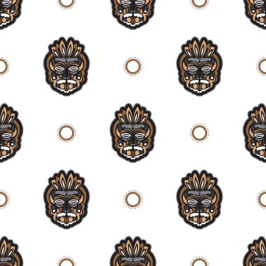 Hawaii tarzı tiki maskeli kusursuz bir desen. Tişört izleri, bardaklar, telefon kılıfları için iyi. İzole edilmiş. Vektör illüstrasyonu.