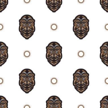 Kusursuz desenli, tiki maskeli, Maori tarzı. Tişört izleri, bardaklar, telefon kılıfları için iyi. İzole edilmiş. Vektör illüstrasyonu.