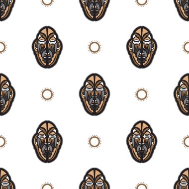 Kusursuz desenli, tiki maskeli, Maori tarzı. Tişört izleri, bardaklar, telefon kılıfları için iyi. İzole edilmiş. Vektör illüstrasyonu.