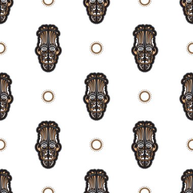 Samoa tarzı tiki maskeli kusursuz desen. Tişört izleri, bardaklar, telefon kılıfları için iyi. İzole edilmiş. Vektör illüstrasyonu.