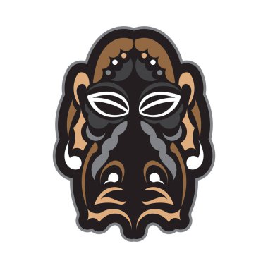 Beyaz arka planda Tiki maskesi. Parmak izleri ve dövmeler için iyi. İzole edilmiş. Vektör illüstrasyonu.