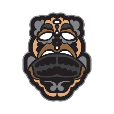 Beyaz arka planda Tiki maskesi. Tişört izleri, bardaklar, telefon kılıfları ve dövmeler için iyi. İzole edilmiş. Vektör illüstrasyonu.