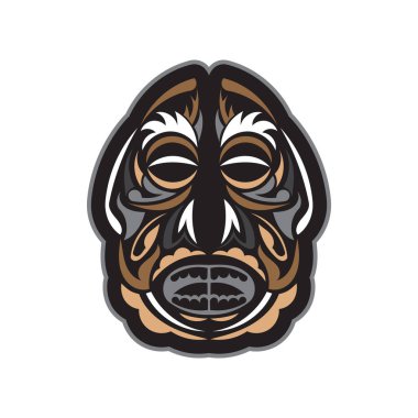 Polinezya tarzında Tiki maskesi. Tişört izleri, bardaklar, telefon kılıfları ve dövmeler için iyi. İzole edilmiş. Vektör illüstrasyonu.