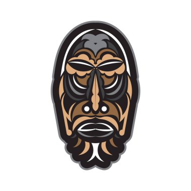 Polinezya tarzında Tiki maskesi. Tişört izleri, bardaklar, telefon kılıfları ve dövmeler için iyi. İzole edilmiş. Vektör illüstrasyonu.