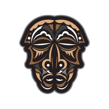 Hawaii usulü Tiki maskesi. Tişört izleri, bardaklar, telefon kılıfları ve dövmeler için iyi. İzole edilmiş. Vektör illüstrasyonu.