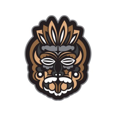 Tiki maskesi Samoa tarzı. Tişört, bardak ve telefon kılıfları için iyi. İzole edilmiş. Vektör illüstrasyonu.