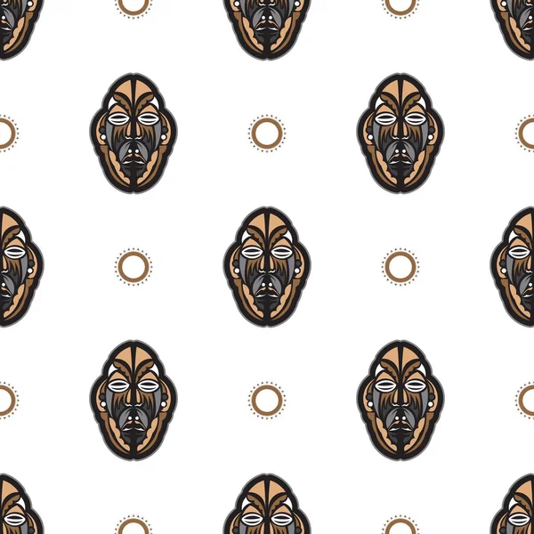 Kusursuz desenli, tiki maskeli, Maori tarzı. Tişört izleri, bardaklar, telefon kılıfları için iyi. İzole edilmiş. Vektör illüstrasyonu.