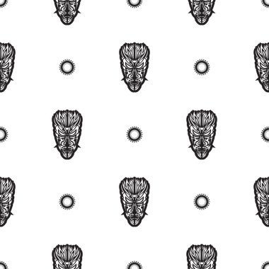 Tiki yüzlü, maskeli ya da totemli kusursuz bir desen. Samoa tarzı modeller. Parmak izi, tekstil ve altyapı için iyi. İzole edilmiş. Vektör illüstrasyonu.