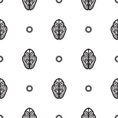 Tiki yüzlü, maskeli ya da totemli kusursuz bir desen. Samoa tarzı modeller. Parmak izi, tekstil ve altyapı için iyi. İzole edilmiş. Vektör illüstrasyonu.