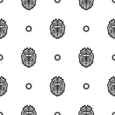 Tiki yüzlü, maskeli ya da totemli kusursuz bir desen. Polinezya tarzında desenler. Parmak izi, tekstil ve altyapı için iyi. İzole edilmiş. Vektör illüstrasyonu.
